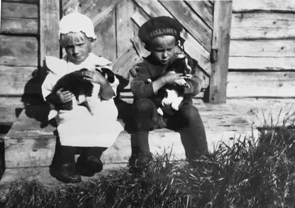 Aura ja Erkki Esko, syliss� Toivon hyljekoiran pennut Musti ja Turva. Annu Eskon kuvakansiot.